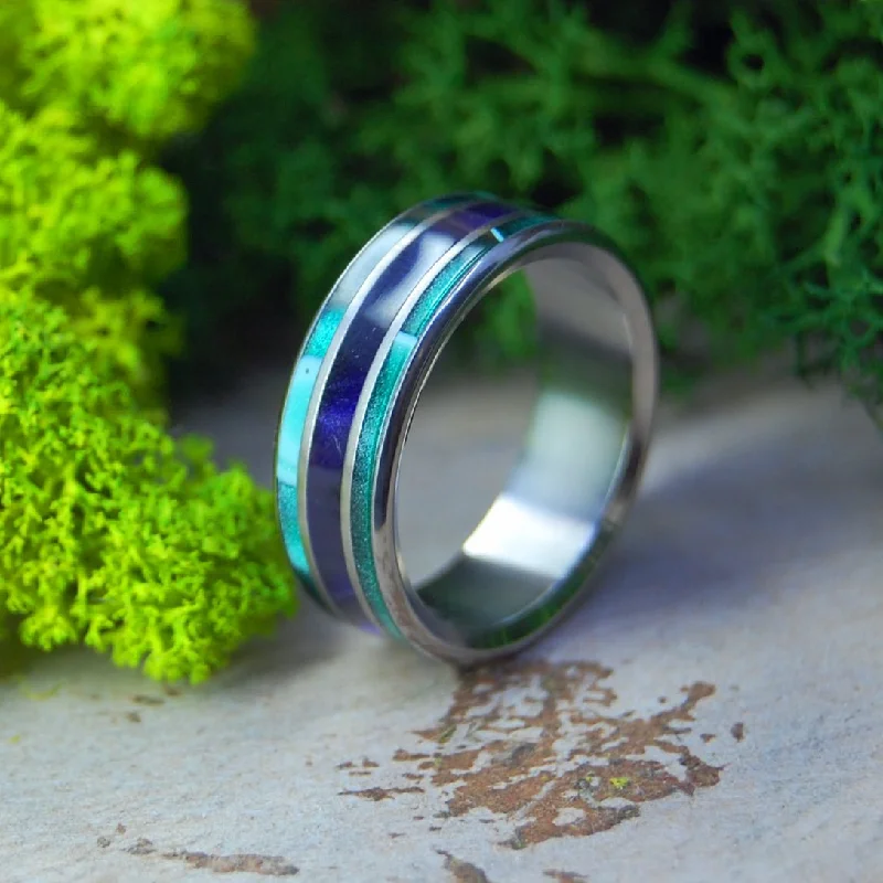 personalized wedding rings -Purple Pleasures | Men's Purple Marbled Opalescent, Aquatic Green Resin & Titanium Wedding Ring