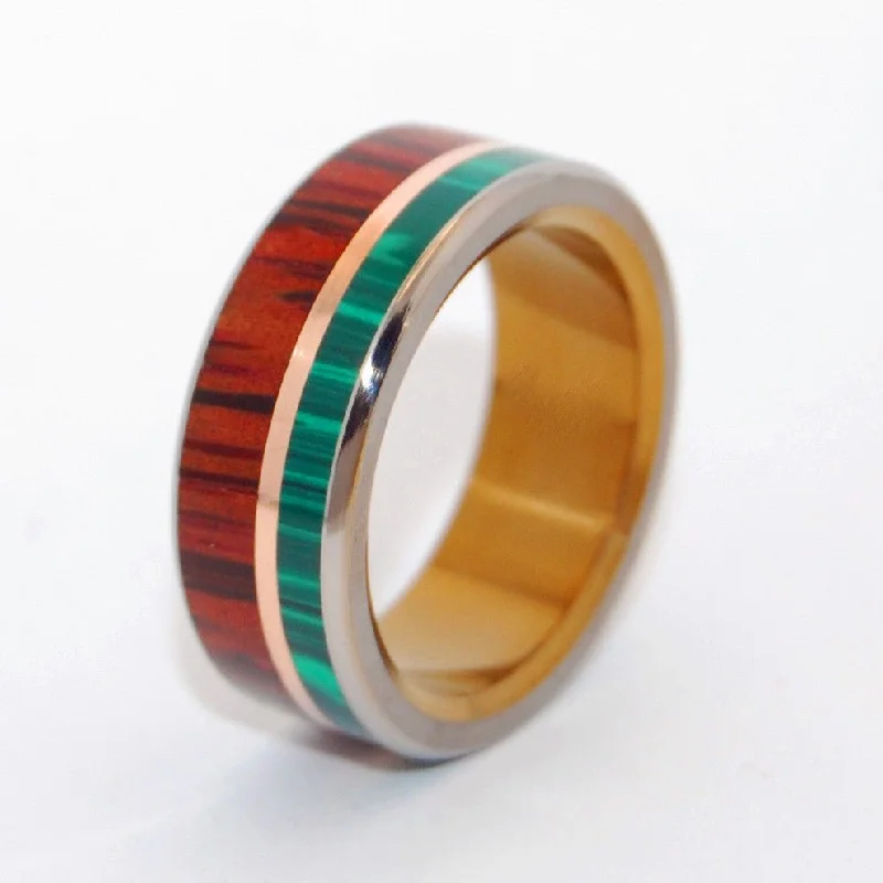 unique engagement ring designs -Alpha Bronze Horseman | Men's Malachite Stone, Bronze, Cocobolo Wood & Titanium Wedding Ring