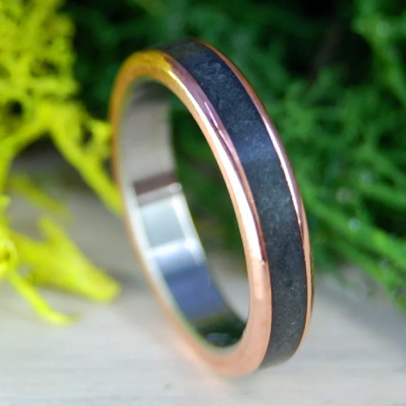 gold wedding bands -Deer On Black Beach | Men's Black Beach Sand, Deer Antler, Copper & Titanium Wedding Ring