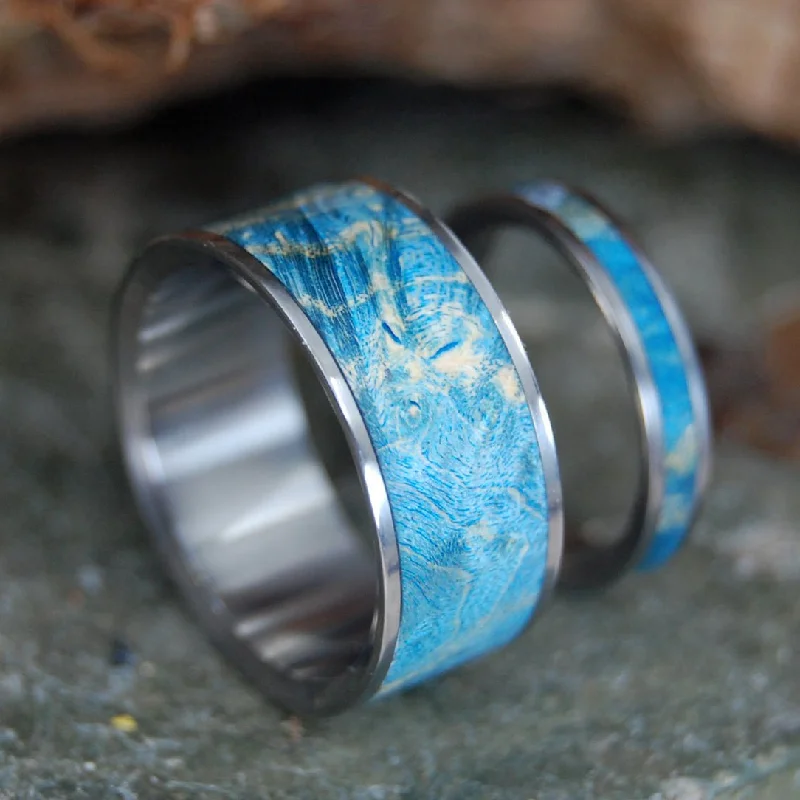 women rings -So Simple Blue | Blue Box Elder Wood & Titanium - Unique Wedding Ring Set