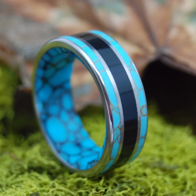 chic cocktail rings -Night On The Mediterranean | Men's Turquoise, Onyx & Titanium Wedding Ring