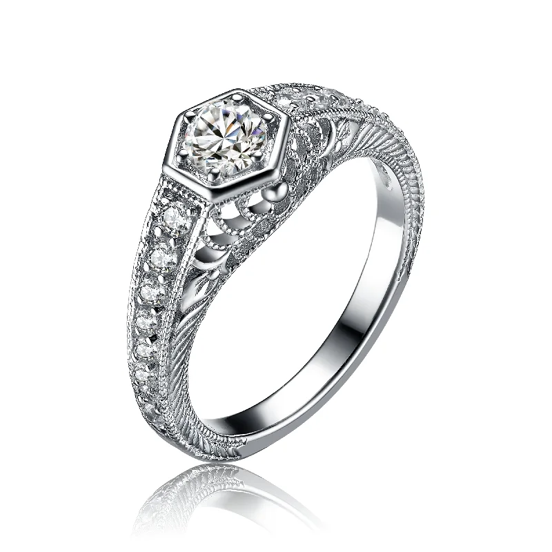 engagement rings with diamonds -Sterling Silver Art Deco Cubic Zirconia Geometric Engraved Pave Ring