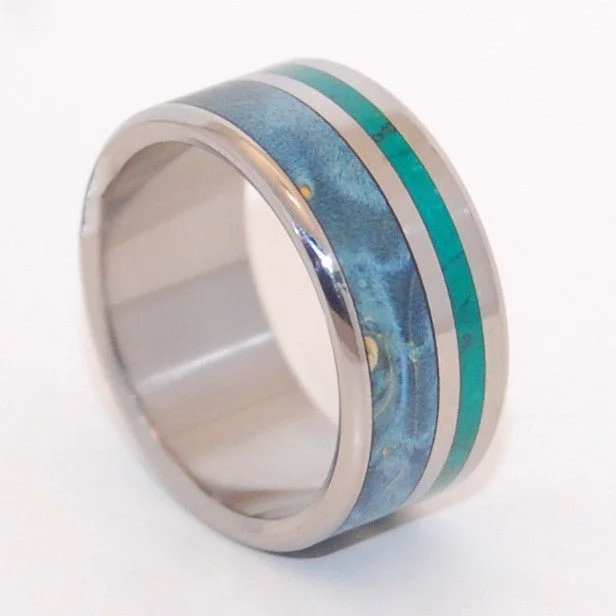 fashion forward rings -Peaceful Waters | Men's Jade, Blue Box Elder Wood & Titanium Wedding Ring