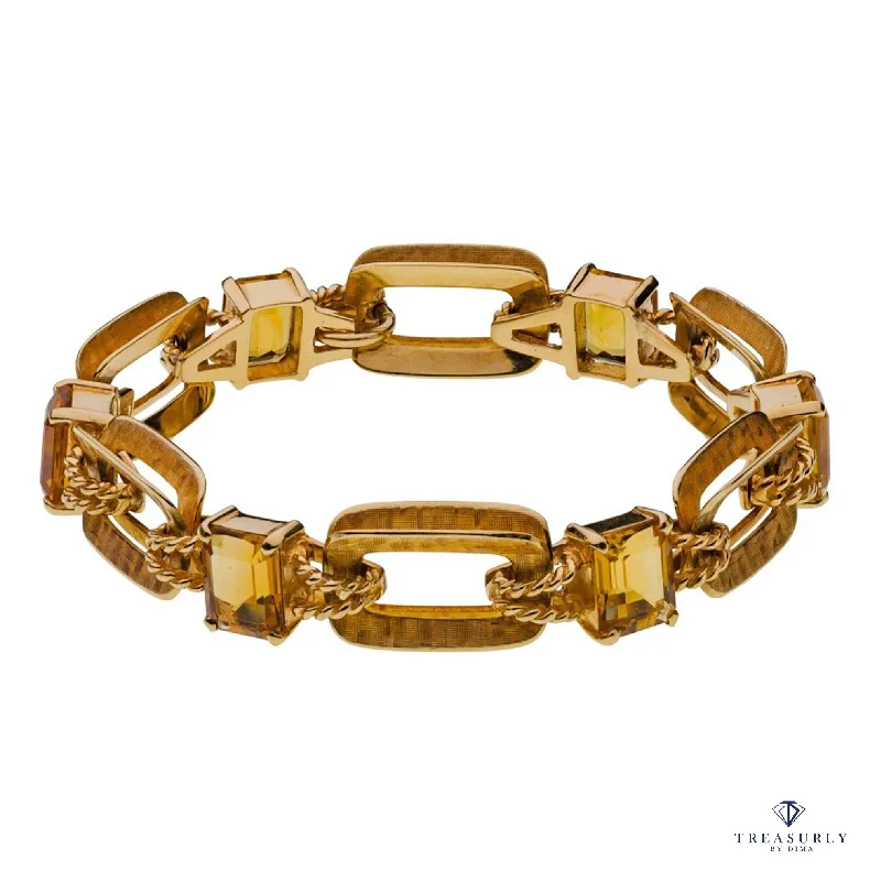 boho bangles for women -Vintage Retro 18.90ctw Emerald cut Citrine Line Link 14k Yellow Gold Bracelet