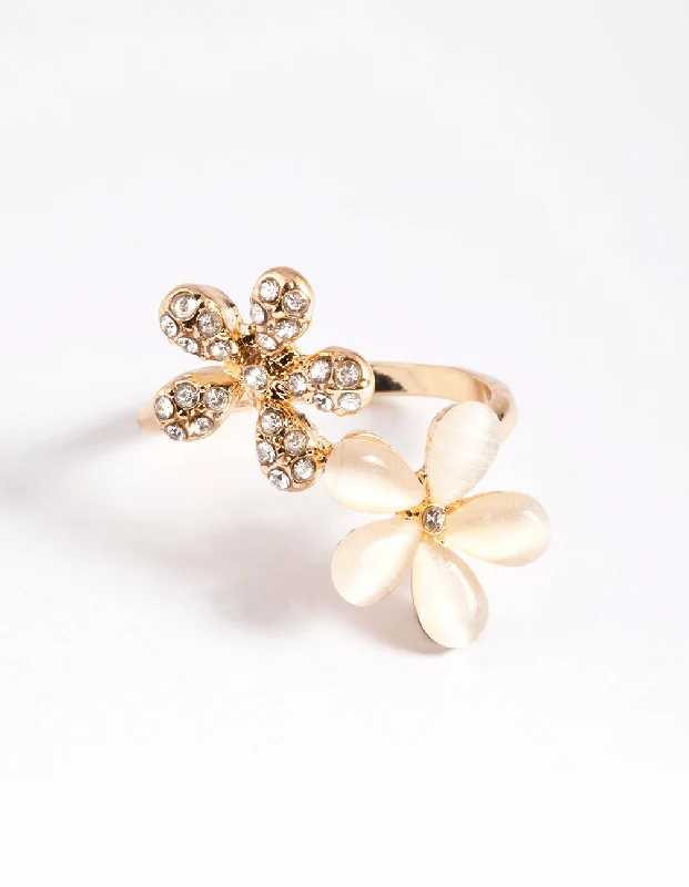 cushion cut engagement rings -Gold Diamante and Cateye Flower Ring