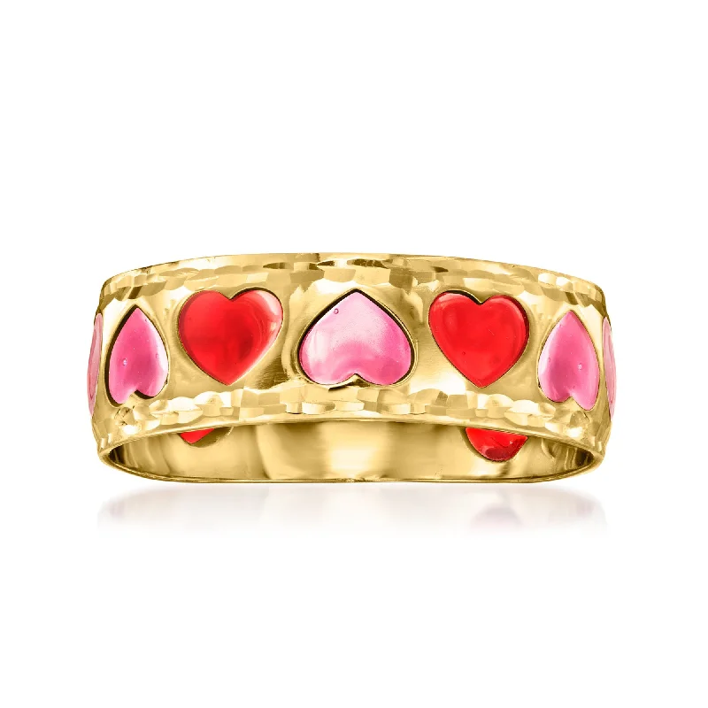 engagement rings with colored stones -Ross-Simons Italian Pink and Red Enamel Heart Ring in 14kt Yellow Gold