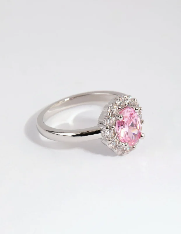 engagement rings with rose gold band -Rhodium Pink Cubic Zirconia Oval Ring