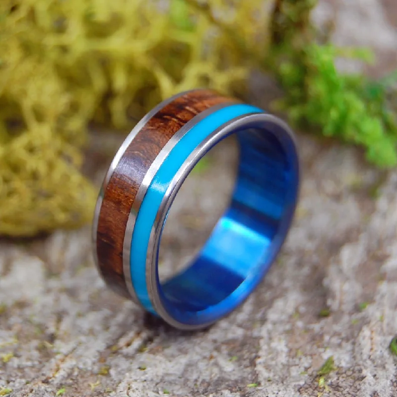 chic cocktail rings -Wooded Cove Blue | Men's Turquoise Resin, Hawaiian Koa Wood & Titanium Wedding Ring