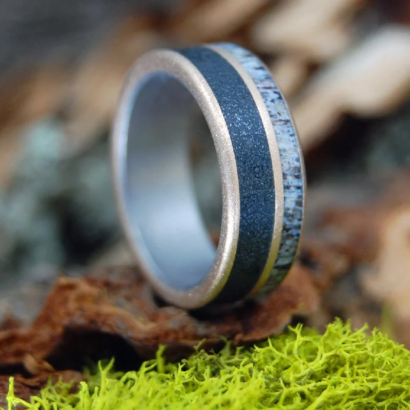 luxury engagement rings -Chowan Indians Of North Carolina | Men's Moose Antler, Chowan River Beach Sand, Titanium & Bronze Wedding Ring