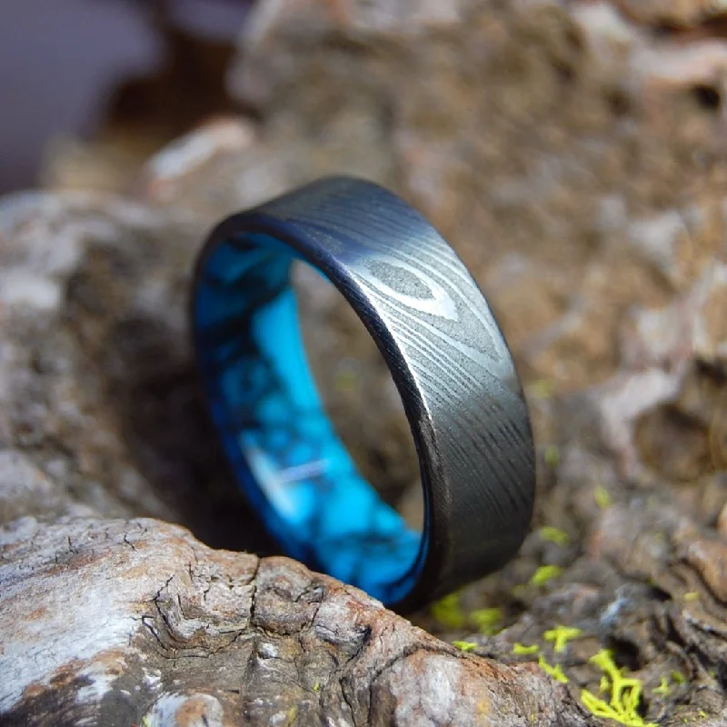 handcrafted rings for women -Lake Everest | Men's Damasteel Damascus, Turquoise & Titanium Wedding Ring