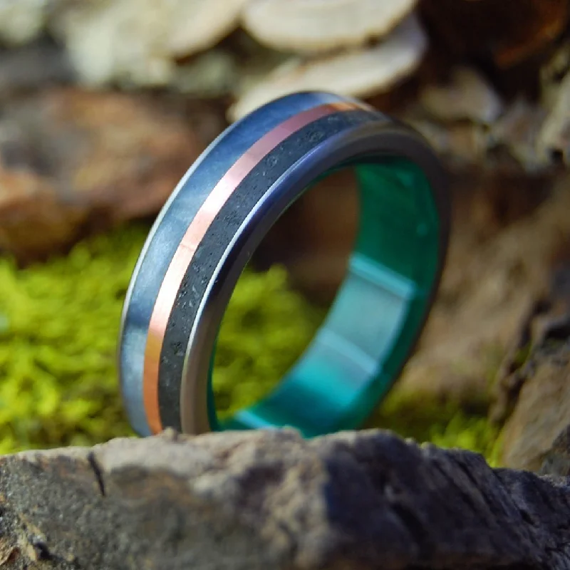 trendy gold rings -Icelandic Lava Green Burst | Men's Copper, Gray Marbled Opalescent, Icelandic Lava & Titanium Wedding Ring