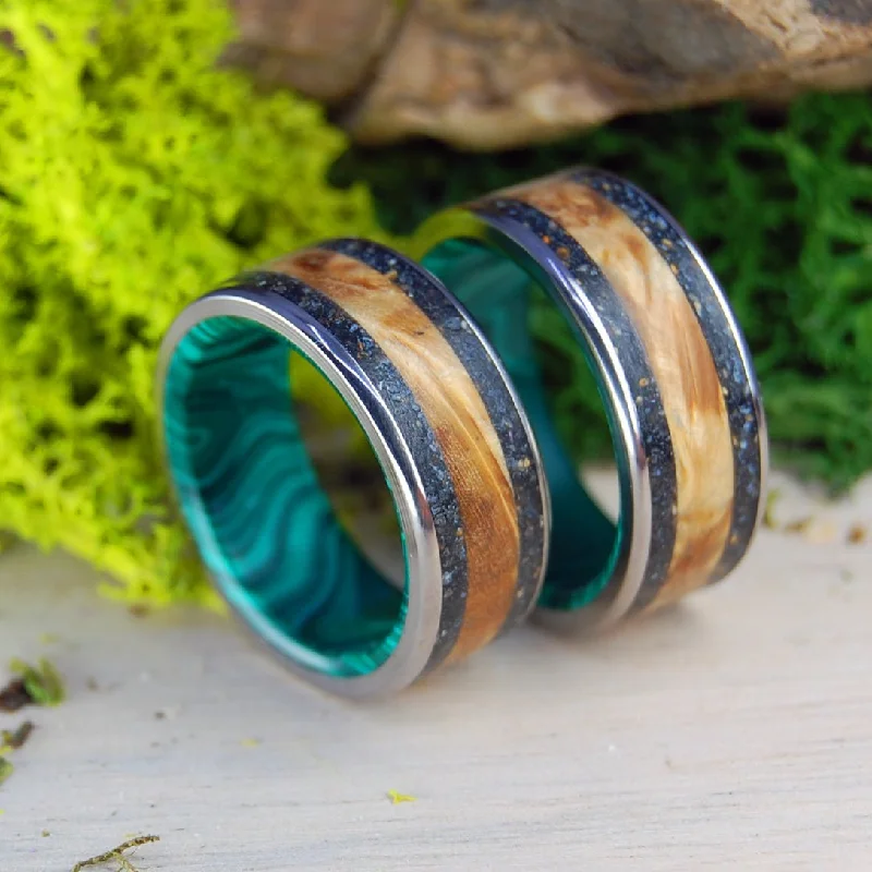 luxury rings for women -Golden Iceland | Lava, Malachite Stone & Golden Box Elder Wedding Ring