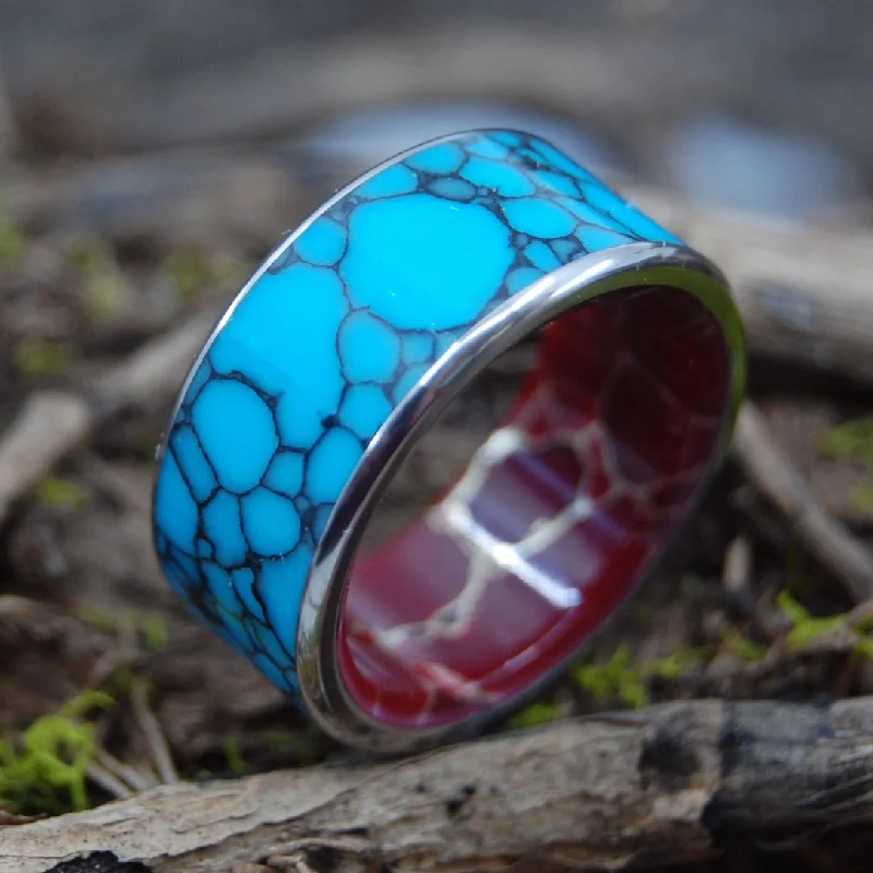 women’s stacking rings -Bow To The King With Edges | Men's Turquoise, Red Jasper & Titanium Wedding Ring