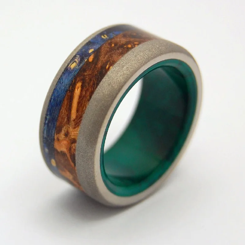 trendy rings for women -Shikoku Island | Men's Jade Stone, Blue Box Elder Wood & Titanium Wedding Ring