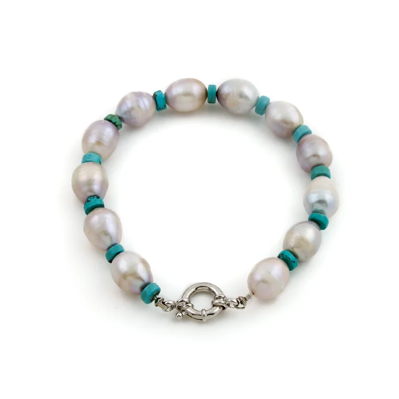 bridesmaid bracelet gifts -White Pearl x Silver x Turquoise Beads