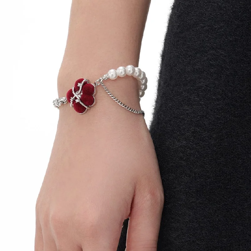 trendy leather bracelets -Women's Grunge Flocking Floral Pearl Bracelet