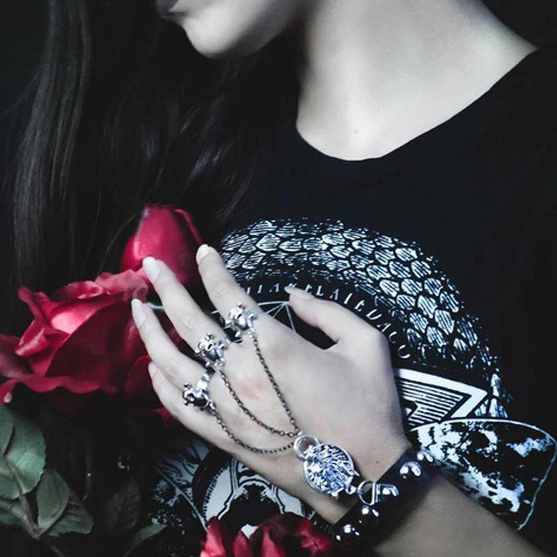 fashion-forward bangles -Women's Punk Black Faux Leather Bracelet With Three Skull Ring For Our Ins Followers