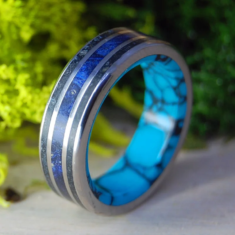 women’s wedding band sets -Beaver Hill Mine Oregon | Men's Beach Sand, Turquoise, Box Elder Wood & Titanium Wedding Ring