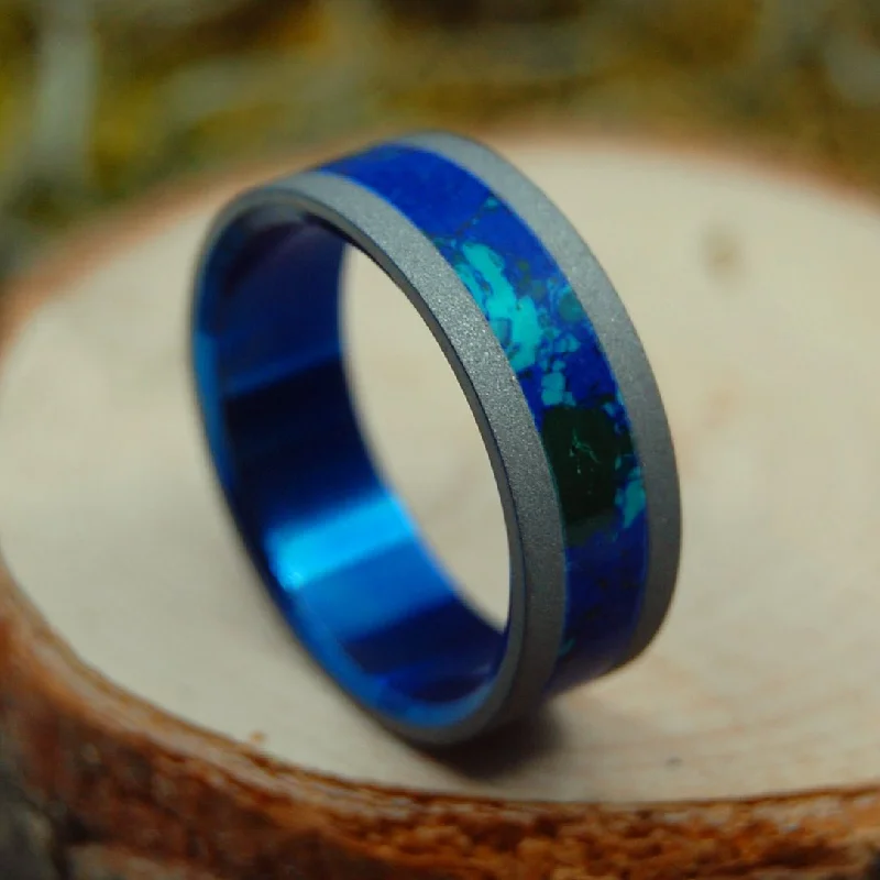 women’s wedding band sets -Major Tom | Men's Azurite Malachite Stone & Sandblasted Titanium Wedding Ring