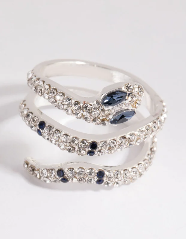 engagement rings for proposals -Silver Diamante Blue-Eyed Snake Ring