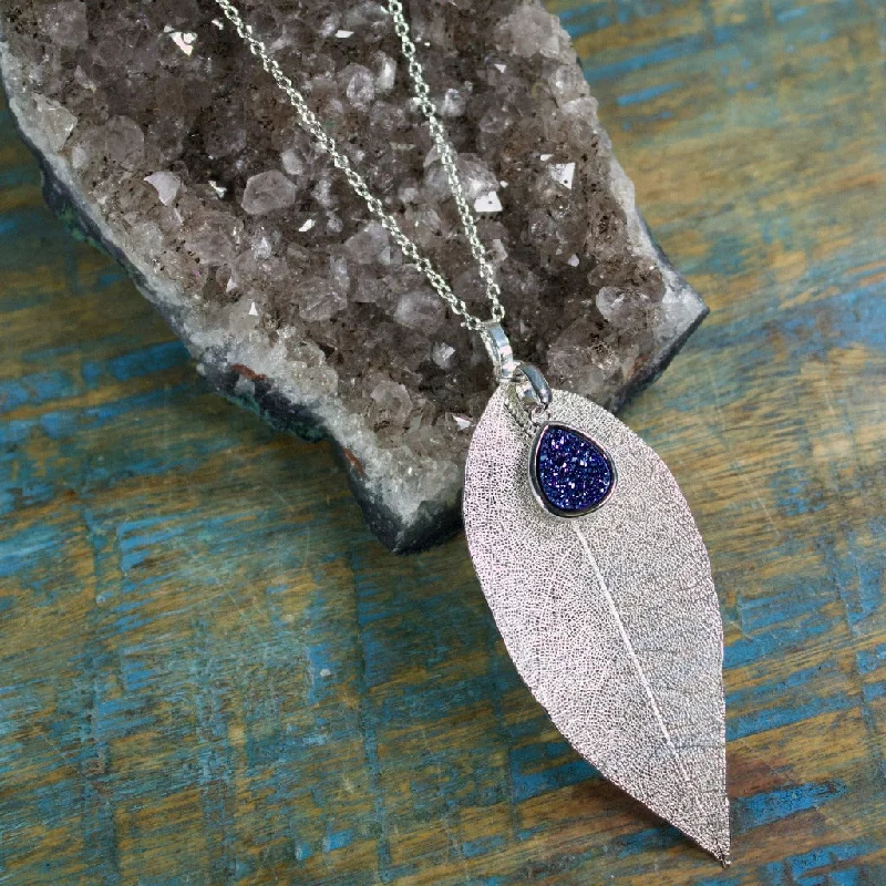 best necklaces for women’s wardrobe -Silver Leaf with Blue Druzy Necklace