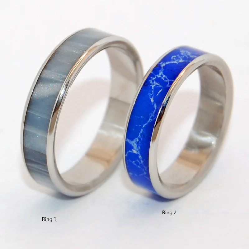 trendy stackable rings -Fog Stars | Gray Pearl Opalescent & Sodalite Stone Titanium Wedding Ring Set