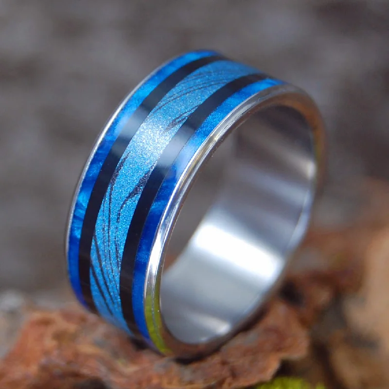 fashionable signet rings -Blue Horizon | Men's Mokume Gane, Onyx Stone, & Blue Marbled Opal Wedding Ring