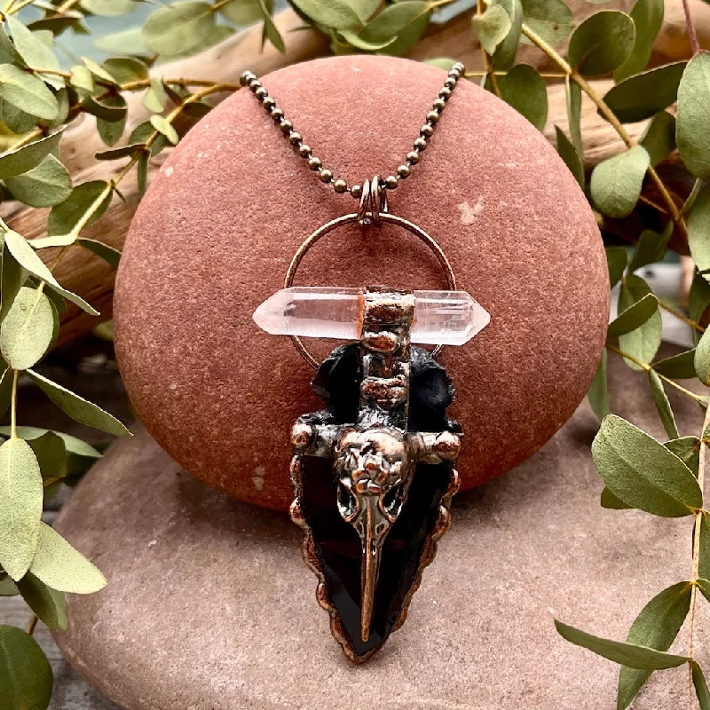 contemporary style necklaces -Obsidian Arrowhead Crow Skull Necklace