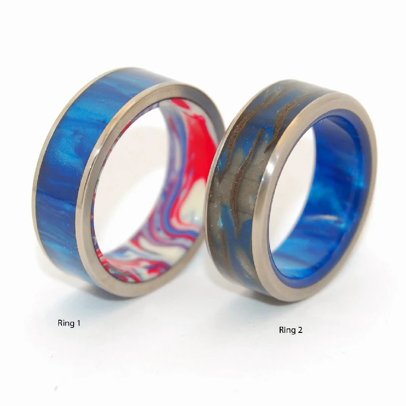 solitaire diamond rings -Galactic Love | Pine Cone & Blue Marbled Opalescent Titanium Wedding Ring Set