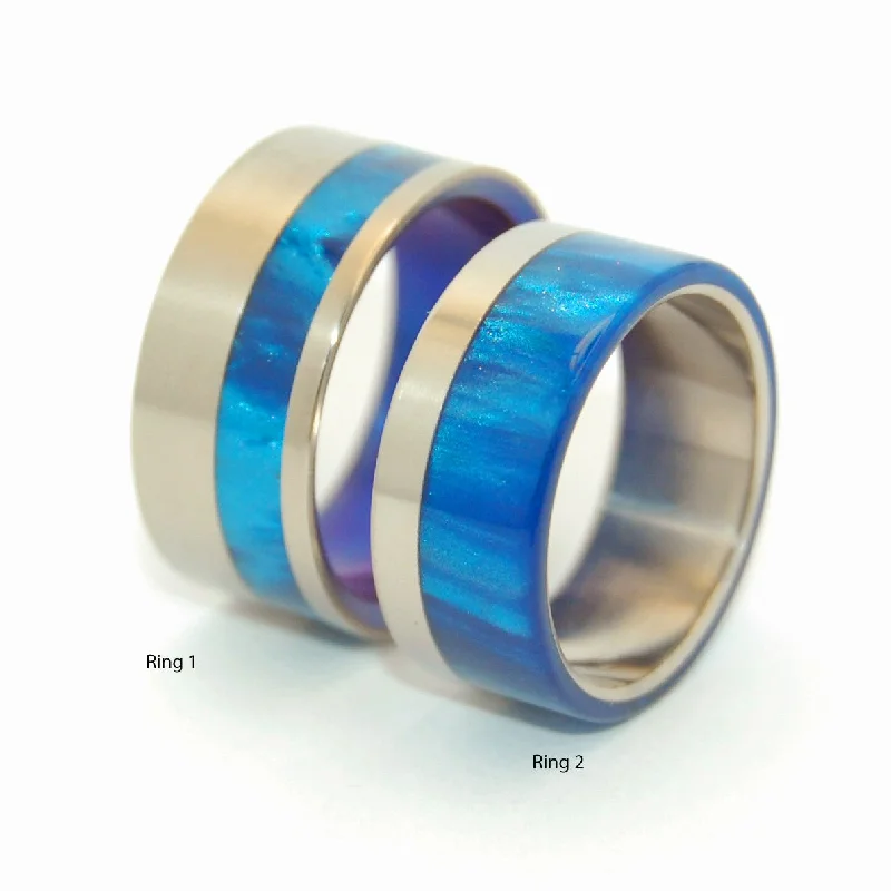 women’s ruby rings -To The Winds Promise | Blue Marbled Resin & Titanium - Unique Wedding Ring - Wedding Ring Set