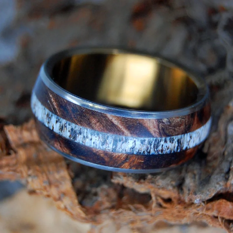 classic wedding rings -Moose Between Two Maples | Men's Antler, Dark Maple Wood & Titanium Wedding Ring