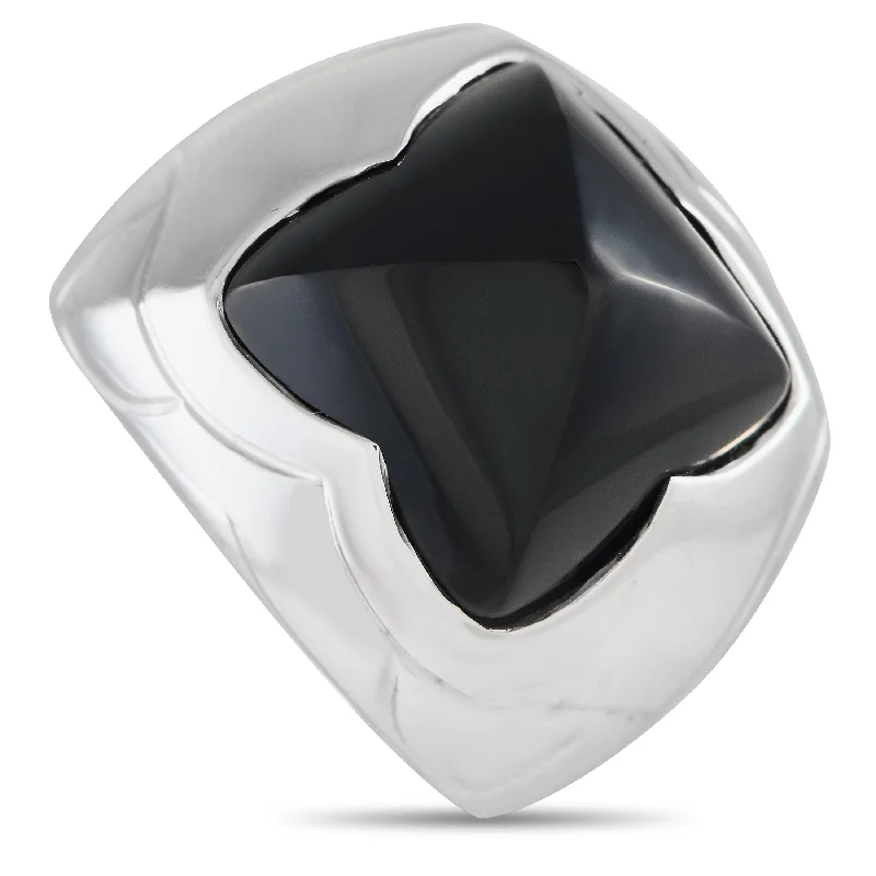 engagement rings with matching bands -Bvlgari 18K White Gold Onyx Pyramide Ring BV16-012524