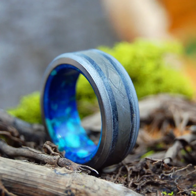 gemstone-studded wedding rings -As Old As Time | Men's Meteorite, T-Rex Tooth, Azurite Malachite & Titanium Wedding Ring