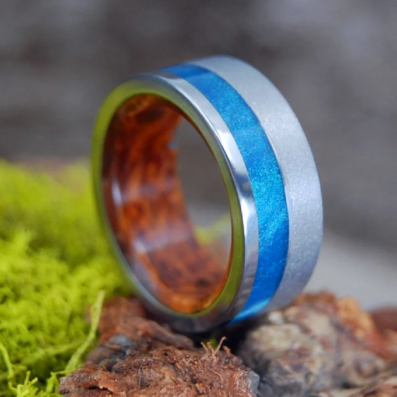 luxury rings for women -Butterflies | Men's Blue Sparkle Resin, Redwood & Titanium Engagement Ring