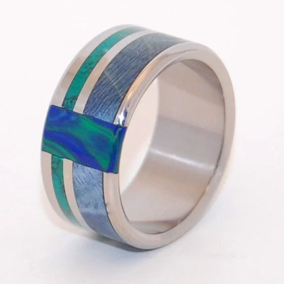 stylish rose gold rings -Peacock | Men's Blue Box Elder Wood, Jade Stone, Azurite Malachite Stone & Titanium Wedding Ring