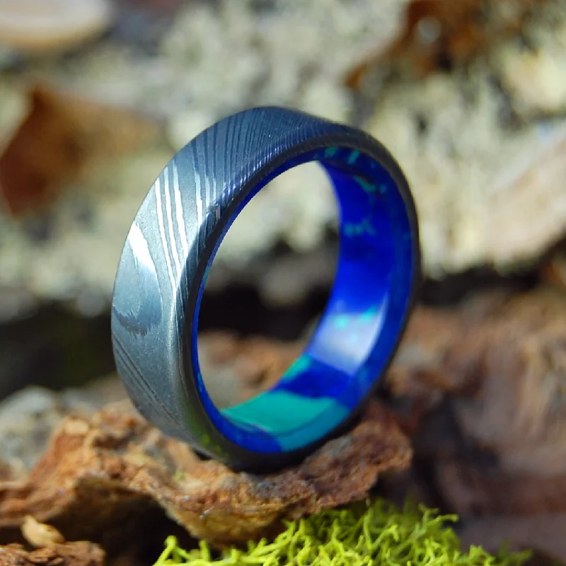 wedding rings with diamonds -Galaxy Below | Men's Damascus Damasteel, Azurite Malachite Stone & Titanium Wedding Ring