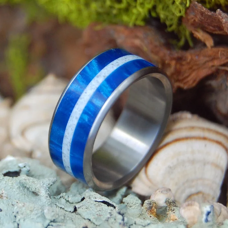 affordable wedding rings -Blue Marbled Sandy Path Between | Men's Beach Sand, Marbled Resin & Titanium Wedding Ring