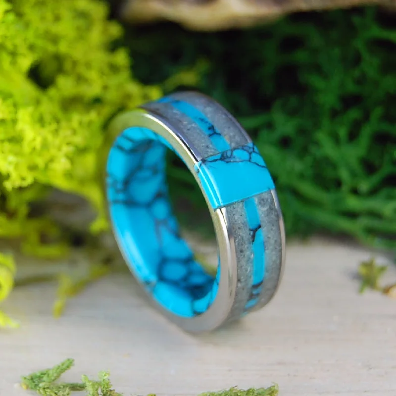 gemstone-studded wedding rings -Eternally Our Beach | Men's St. Augustine Beach Sand, Turquoise & Titanium Wedding Ring