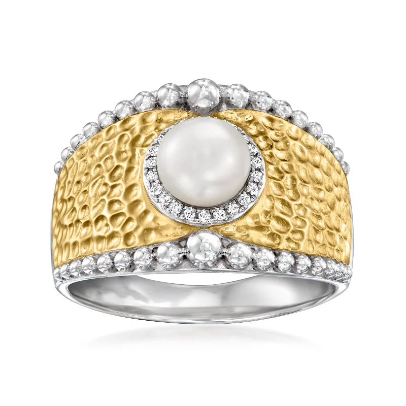 affordable engagement rings -Ross-Simons 6-6.5mm Cultured Pearl Beaded Ring With Diamond Accents in Sterling Silver and 18kt Gold Over Sterling