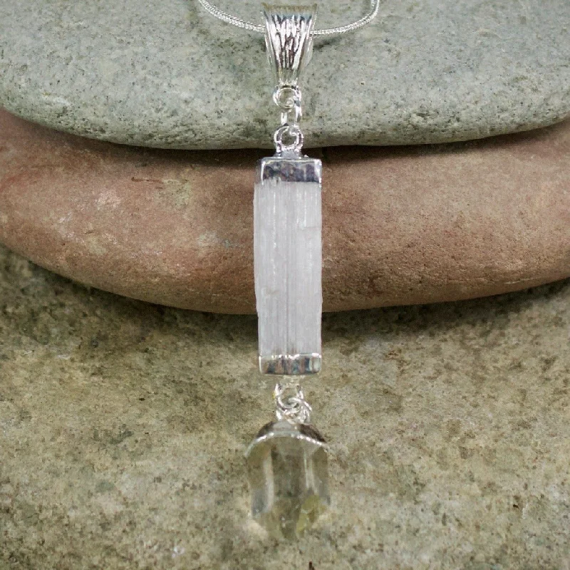 fashion necklaces with crystals -Selenite with Quartz Dangle Necklace