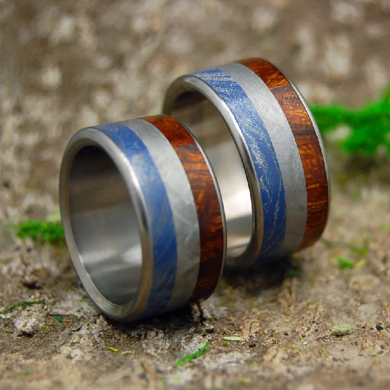 trendy silver rings -Earth Space Sea | Meteorite & M3 & Desert Ironwood Titanium Men's Wedding Ring Set