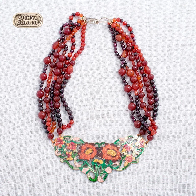 giftable personalized necklaces -Flower Enamel Necklace with Carnelian and Garnet