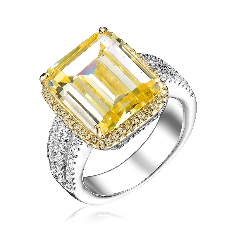 classic engagement rings -GENEVIVE Sterling Silver Yellow Asscher Cubic Zirconia Triple Pave Ring