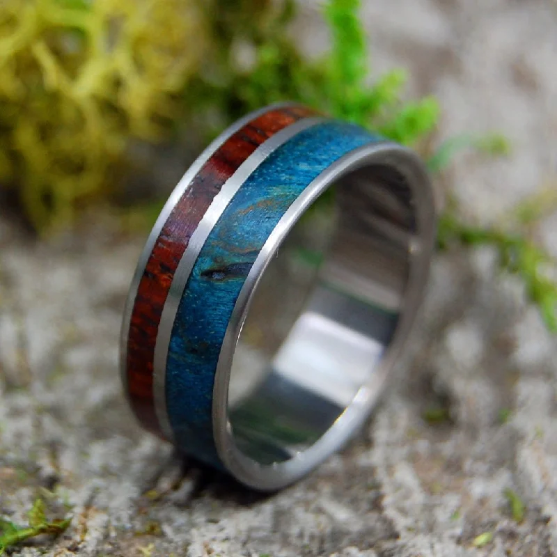 personalized wedding rings -Her Heart Listens | Men's Blue Maple Burl, Cocobolo Wood & Titanium Wedding Ring