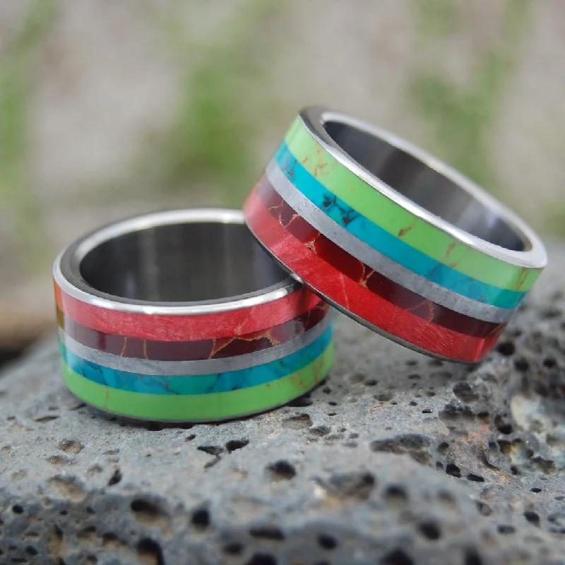 trendy women’s rings -Bright Lion | Meteorite, Wood & Stone Titanium Wedding Ring Set