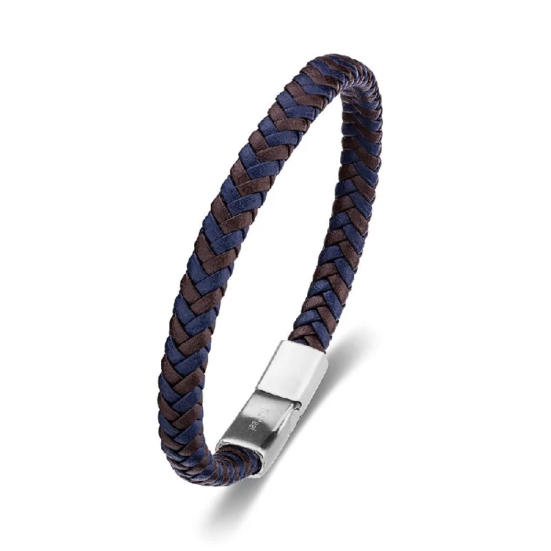 diamond-encrusted bangles -Leather & Stainless Steel Men's Bracelet - Brown and Blue Braid