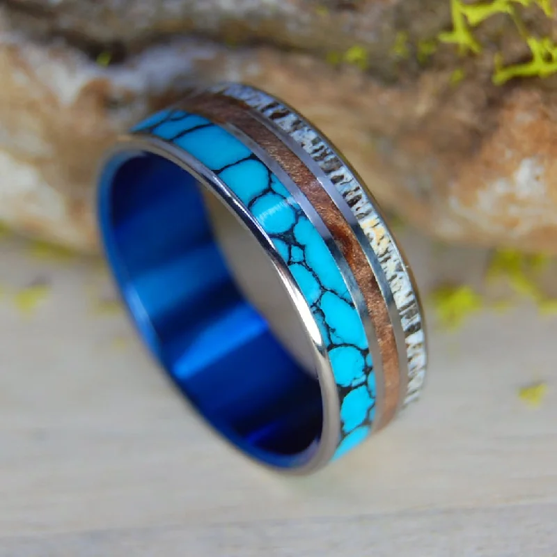 gold band rings for women -Lagrange Points | Men's Redwood, Moose Antler, Turquoise & Titanium Wedding Ring