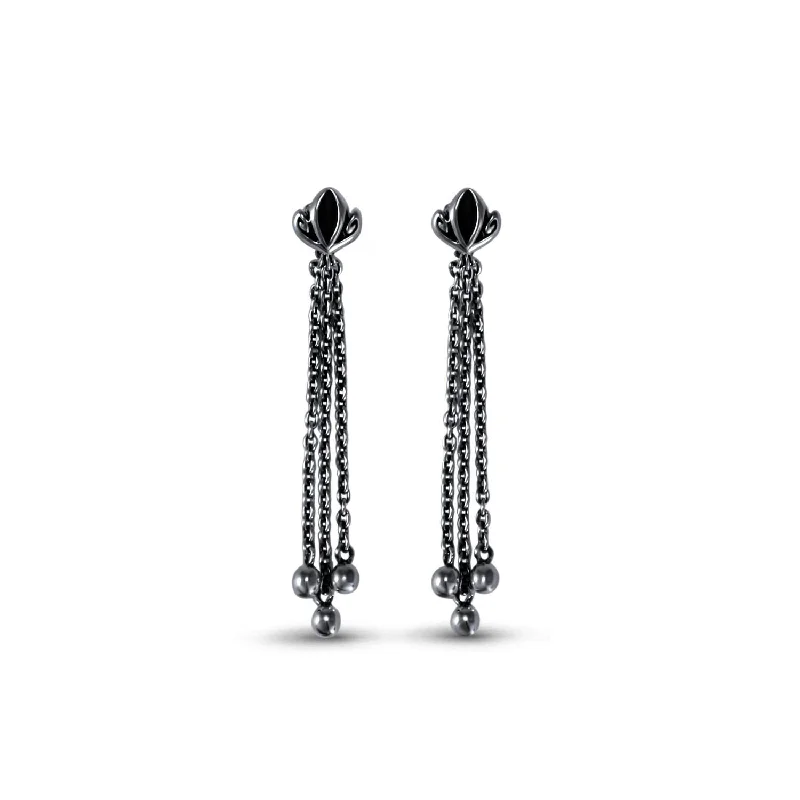 hoop earrings for casual wear -Dual Tassel Earring Long - Black Ruthenium Vermeil