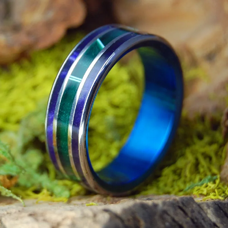 delicate rings for women -Green Shadows With Blue | Men's Aquatic Green Resin, Purple Marbled Opalescent & Titanium Wedding Ring