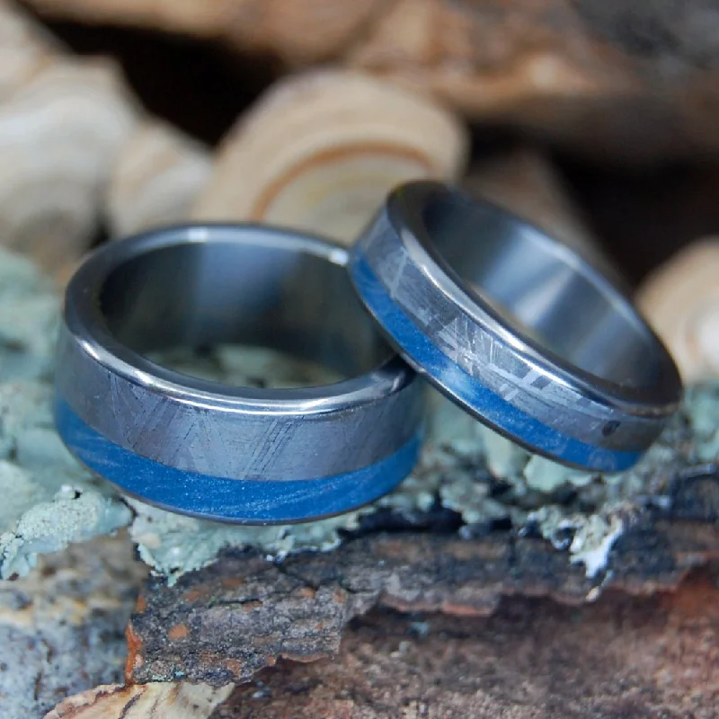 wedding rings for women -Meteorite Hits The Sea | Meteorite & Blue Silver Mokume Gane M3 - Titanium Men's Wedding Ring Set